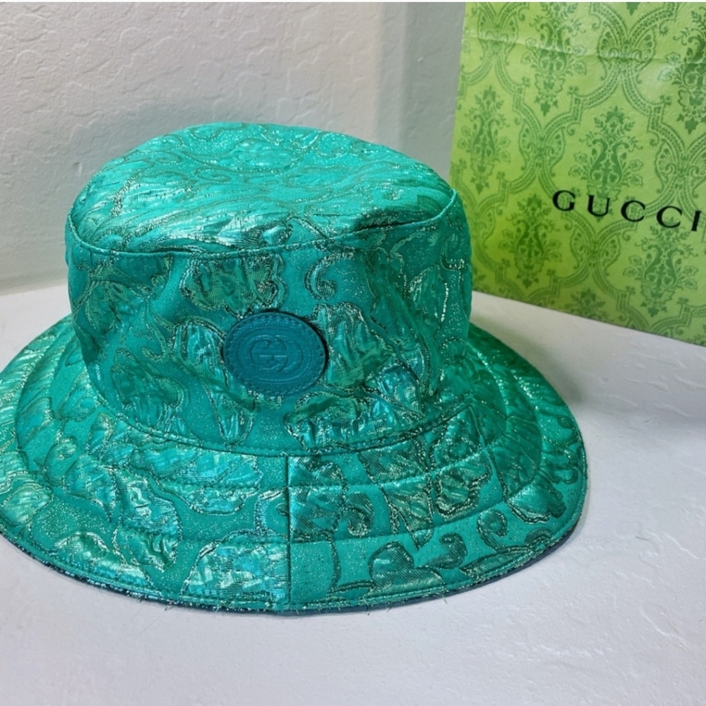 NWT Gucci Metallic Reversable Iridescent Green GG Bucket Hat Size Large - Picture 8 of 12